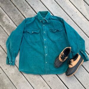 Vintage Teal Suede Button Up Short | 90s Western Long Sleeve Top
